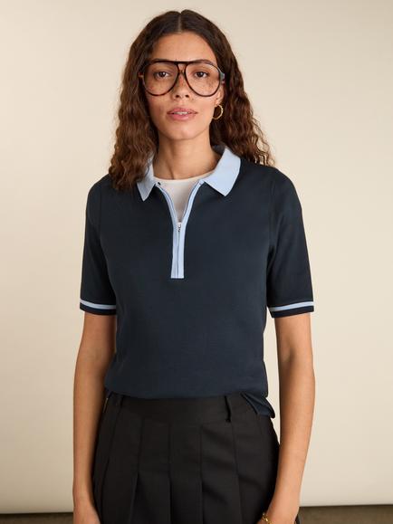Baukjen Lydia Rib Collar Zip Top, Navy/Ice Blue, Navy/Ice Blue