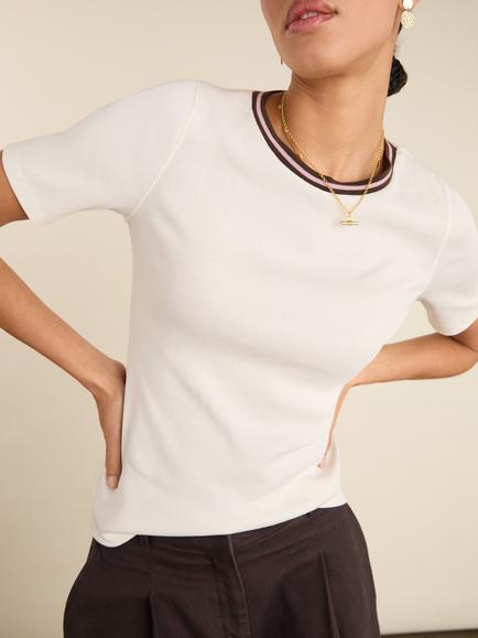 Baukjen Sylvie Ribbed Contrast Collar T-Shirt, Cream, Cream