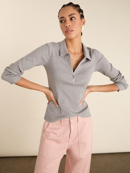 Baukjen Slim Fit Zip Collar Top, Grey Marl, Grey Marl