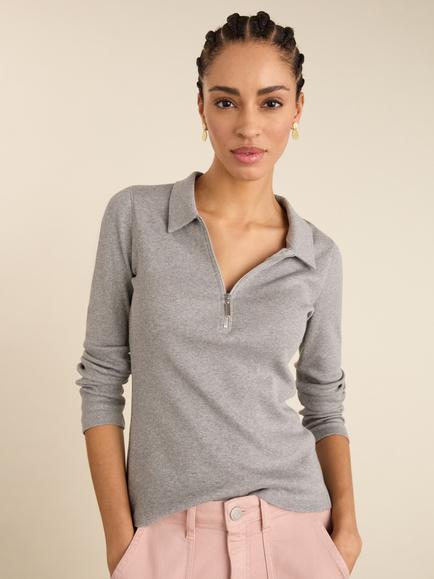Baukjen Slim Fit Zip Collar Top, Grey Marl - view 2, Grey Marl
