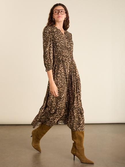 Baukjen Christine Leopard Print Midi Dress containing LENZING™ ECOVERO™ Viscose, Caramel/Multi - view 2, Caramel/Multi