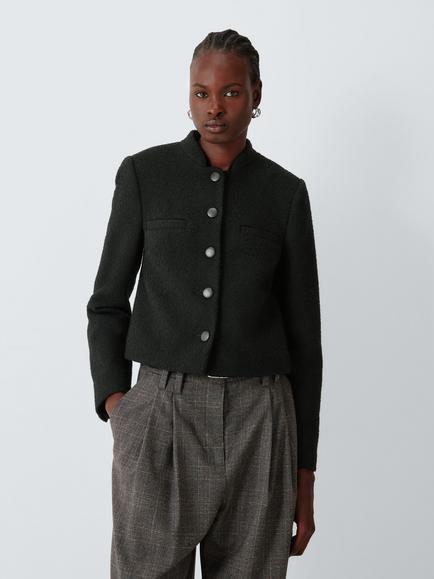 John Lewis Collarless Boucl Wool Blend Jacket, Black, Black