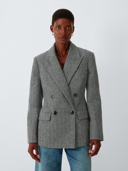 John Lewis Double Breasted Wool Blend Blazer, Herringbone, Grey