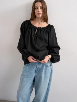 Topshop Tie Neck Linen Rich Top, Black