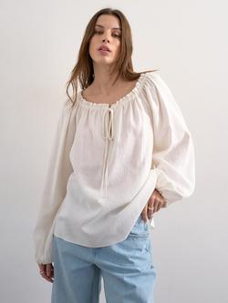 Topshop Tie Neck Linen Rich Top, White