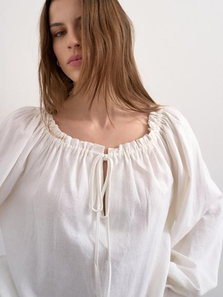 Topshop Tie Neck Linen Rich Top - view 2, White