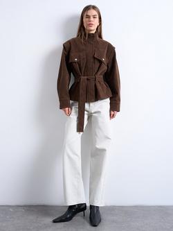 Topshop Funnel Neck Belted Jacket, Brown, Brown