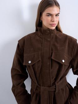Topshop Funnel Neck Belted Jacket, Brown - view 2, Brown