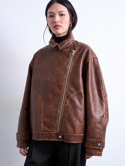 Topshop Oversized Faux Leather Biker Jacket, Brown, Brown