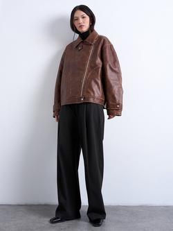 Topshop Oversized Faux Leather Biker Jacket, Brown - view 2, Brown