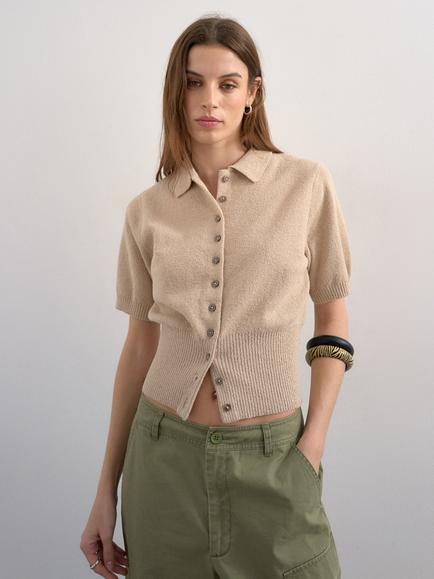 Topshop Fine Knit Cinch Waist Polo Shirt, Beige - view 2, Beige