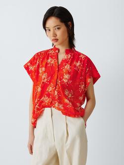 John Lewis Ruffle Neck Cap Sleeve Blouse, Orange / Cream