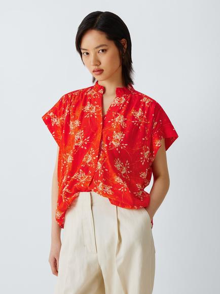John Lewis Ruffle Neck Cap Sleeve Blouse, Orange / Cream