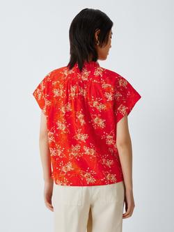 John Lewis Ruffle Neck Cap Sleeve Blouse - view 2, Orange / Cream
