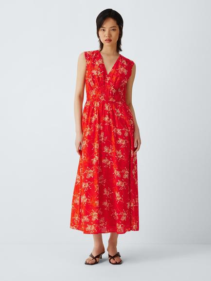 John Lewis Sleeveless Floral Cotton Blend Midi Dress, Clay/Multi, Clay / Multi
