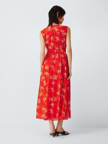 John Lewis Sleeveless Floral Cotton Blend Midi Dress, Clay/Multi - view 2, Clay / Multi
