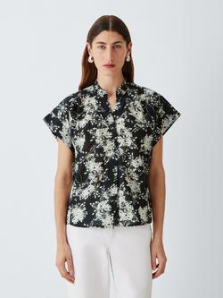 John Lewis Ruffle Neck Cap Sleeve Blouse, Black / White