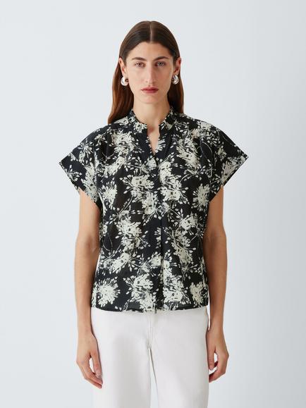 John Lewis Ruffle Neck Cap Sleeve Blouse, Black / White