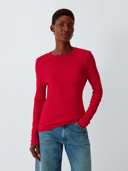 John Lewis Organic Cotton Long Sleeve Crew Neck T-Shirt, Red