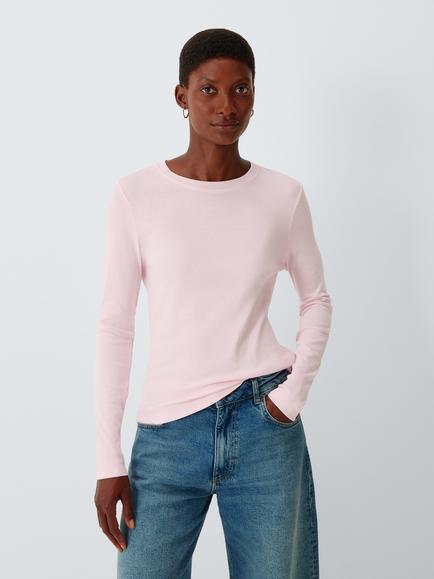 John Lewis Organic Cotton Long Sleeve Crew Neck T-Shirt, Pink
