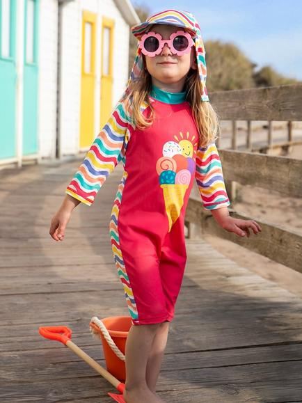 Frugi Baby Little Sun Safe Ice Cream Long Sleeve Swimsuit, Multi - view 2, Multi