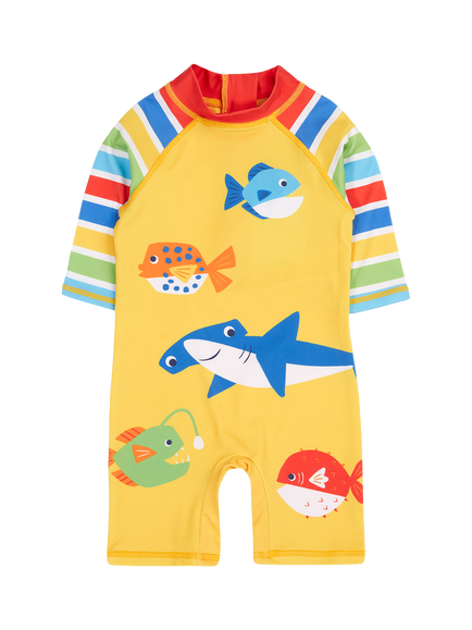 Frugi Baby Little Sun Safe Sea Life Long Sleeve Swimsuit, Multi, Yellow