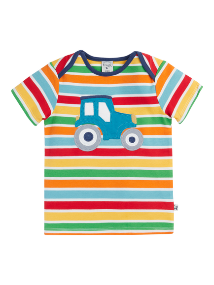 Frugi Baby Bobster Cotton Applique T-Shirt, Happy Stripe/Tractor, Happy Stripe/Tractor