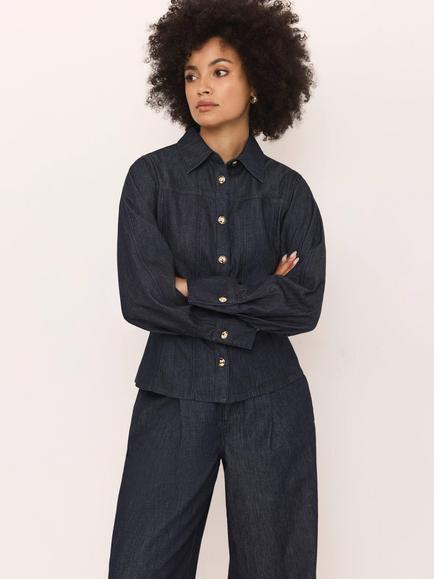 Mint Velvet Fitted Waist Denim Shirt, Indigo - view 2, Indigo