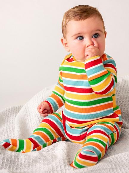 Frugi Baby Easy Dressing Cotton Stripe Sleepsuit, Multi - view 2, Multi