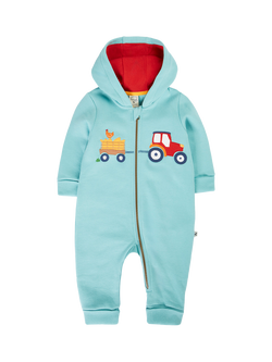 Frugi Baby Applique Fleece Snuggle Suit, Lichen/Tractor, Lichen/Tractor