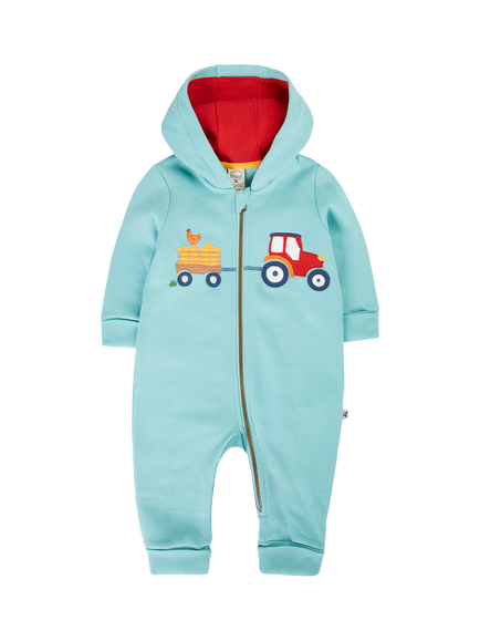 Frugi Baby Applique Fleece Snuggle Suit, Lichen/Tractor, Lichen/Tractor