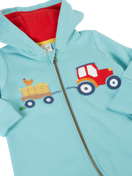 Frugi Baby Applique Fleece Snuggle Suit, Lichen/Tractor - view 2, Lichen/Tractor