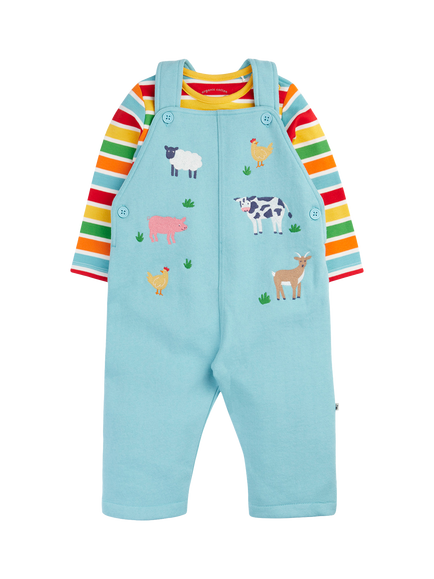 Frugi Baby Rae Dungaree Outfit, Happy Rib Stripe/Farm, Happy Rib Stripe/Farm