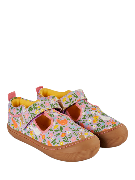 Frugi Kids' Desert T-Bar Cotton Shoes, Purple Multi - view 2, Purple Multi