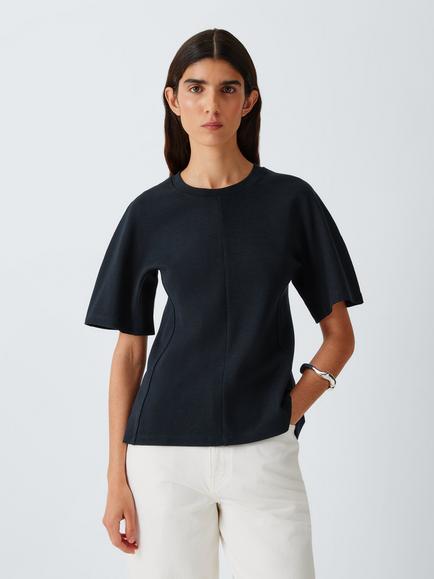 John Lewis Waisted Seam Detail Short Sleeve Top containing TENCEL™ Lyocell, Navy
