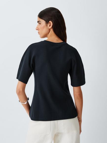John Lewis Waisted Seam Detail Short Sleeve Top containing TENCEL™ Lyocell - view 2, Navy