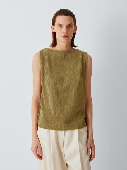 John Lewis Boat Neck Crinkle Top, Olive