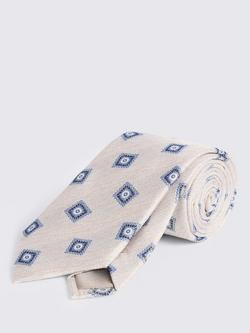 Moss Silk Medallion Tie, Off White/Blue, Off White/Blue