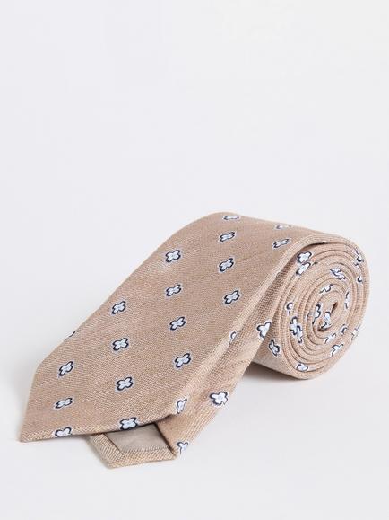 Moss Clover Medallion Linen Blend Tie, Neutral/Navy, Neutral/Navy