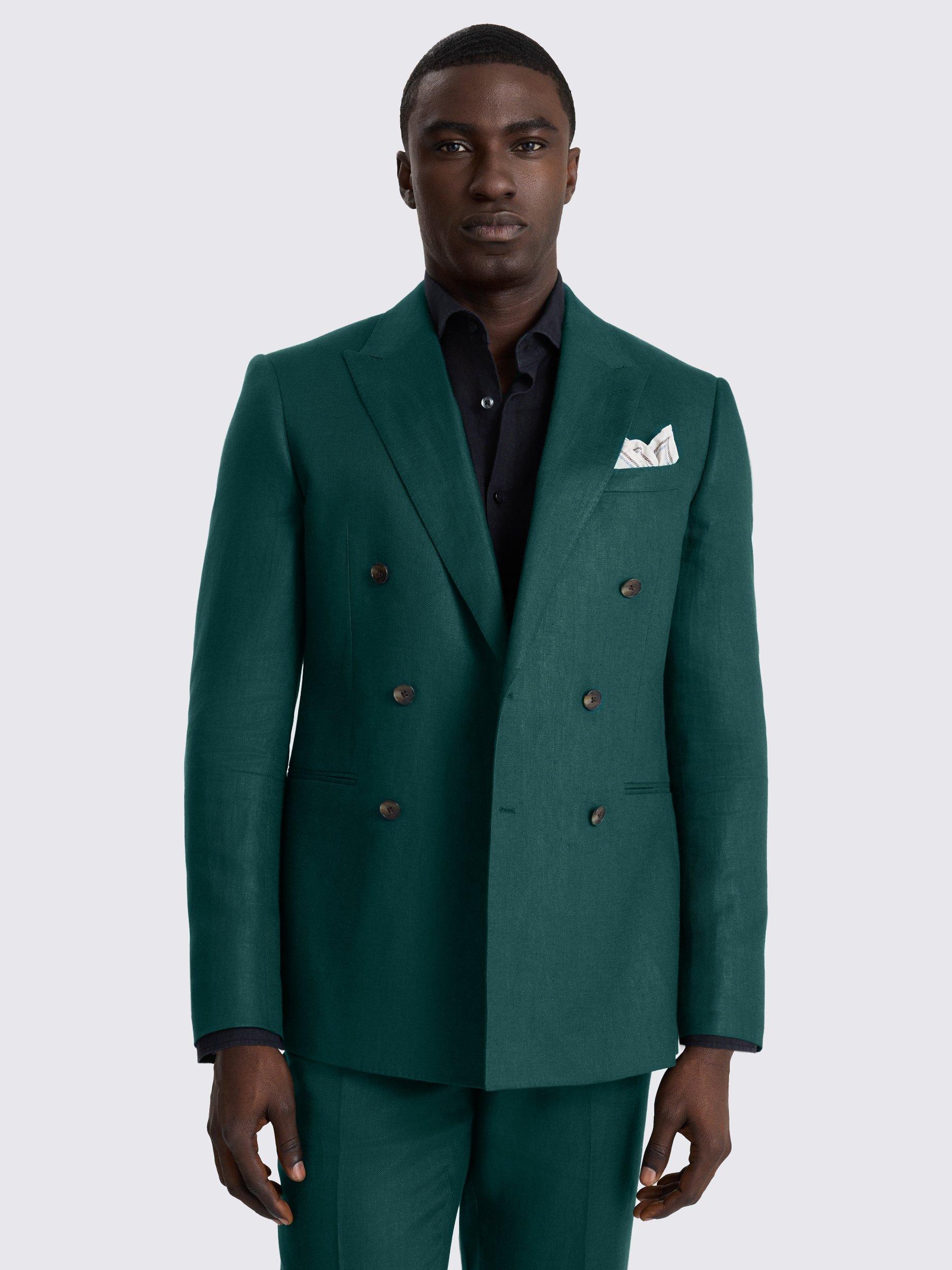 Product image 1 of 5, which shows Moss Slim Fit Double-Breasted Linen Suit Jacket, Emerald, 36S