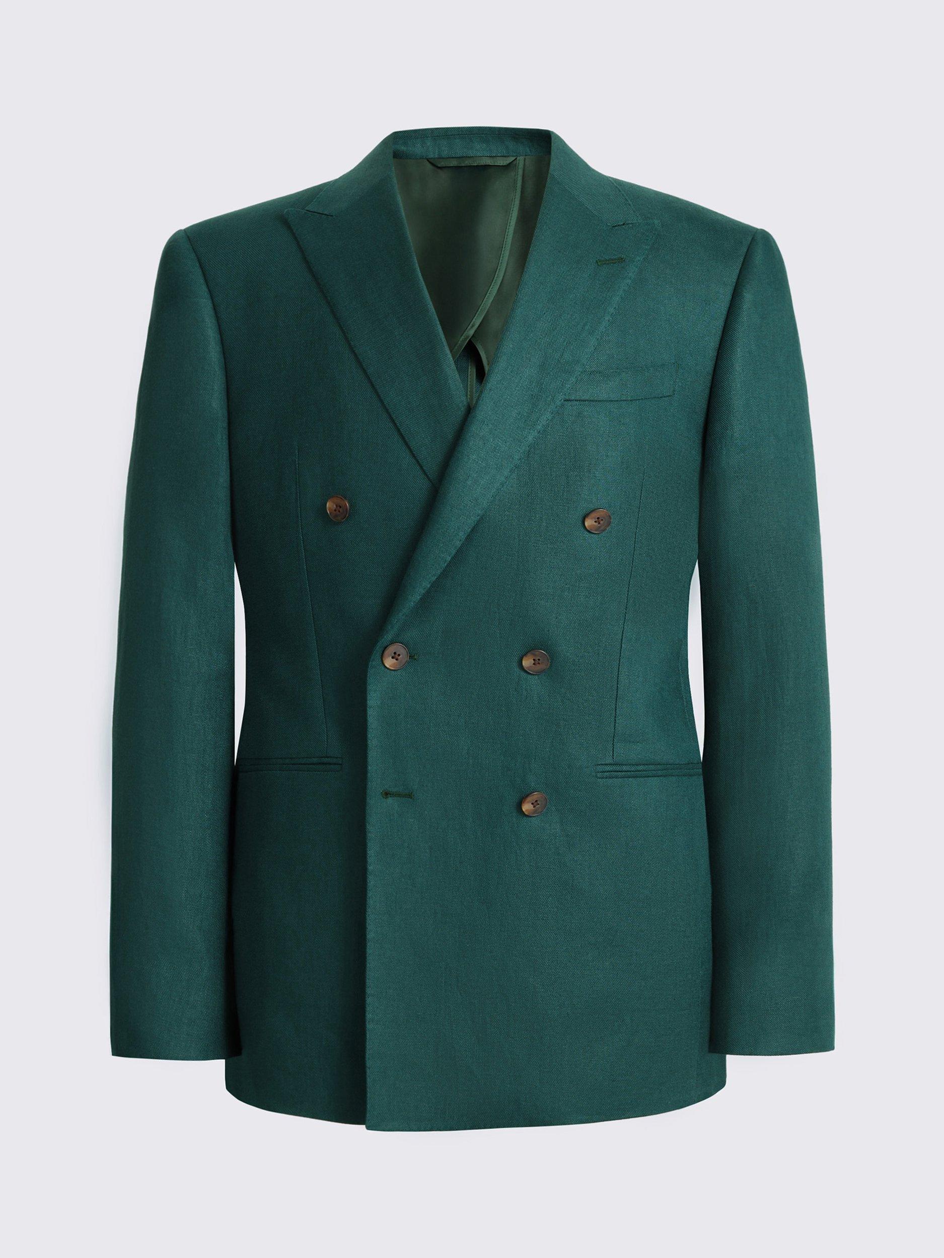 Product image 5 of 5, which shows Moss Slim Fit Double-Breasted Linen Suit Jacket, Emerald, 36S
