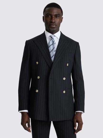 Moss Tailored Fit Double-Breasted Striped Suit Jacket, Navy, Navy