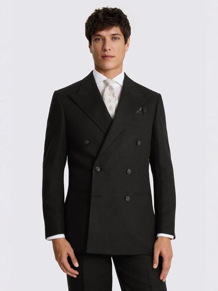 Moss Relaxed Fit Twill Linen Blend Double Breasted Suit Jacket, Black