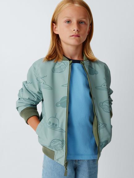John Lewis Kids' Reversible Nightsky Bomber Jacket, Olivine/Print, Olivine/ Print