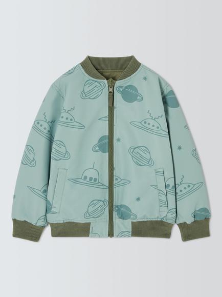 John Lewis Kids' Reversible Nightsky Bomber Jacket, Olivine/Print, Olivine/ Print