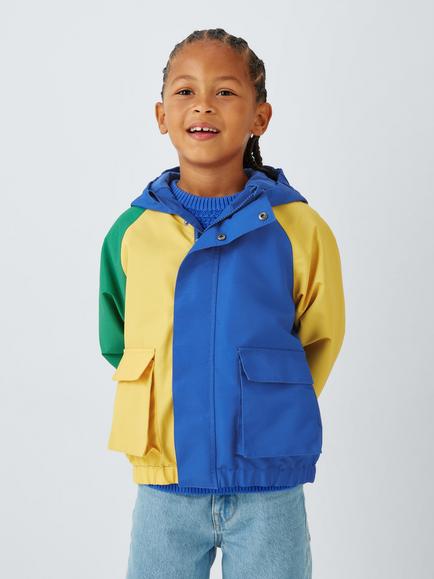 John Lewis Kids' Colourblock Shower Resistant Jacket, Blue/Yellow/ Green, Blue/Ylw/Grn