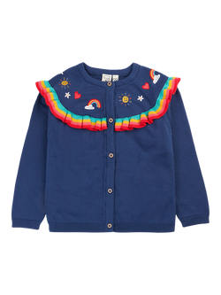 Frugi Kids' Romi Ruffle Cardigan, Navy Blue/Rainbow, Navy Blue/Rainbow