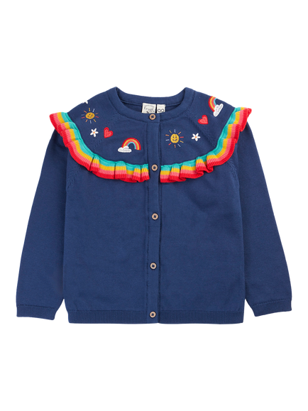 Frugi Kids' Romi Ruffle Cardigan, Navy Blue/Rainbow, Navy Blue/Rainbow