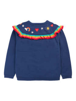 Frugi Kids' Romi Ruffle Cardigan, Navy Blue/Rainbow - view 2, Navy Blue/Rainbow
