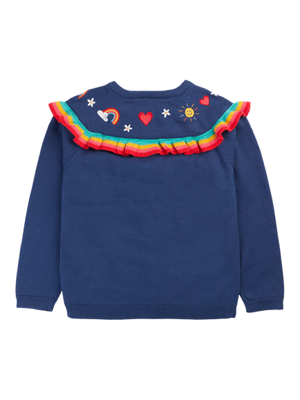 Frugi Kids' Romi Ruffle Cardigan, Navy Blue/Rainbow - view 2, Navy Blue/Rainbow